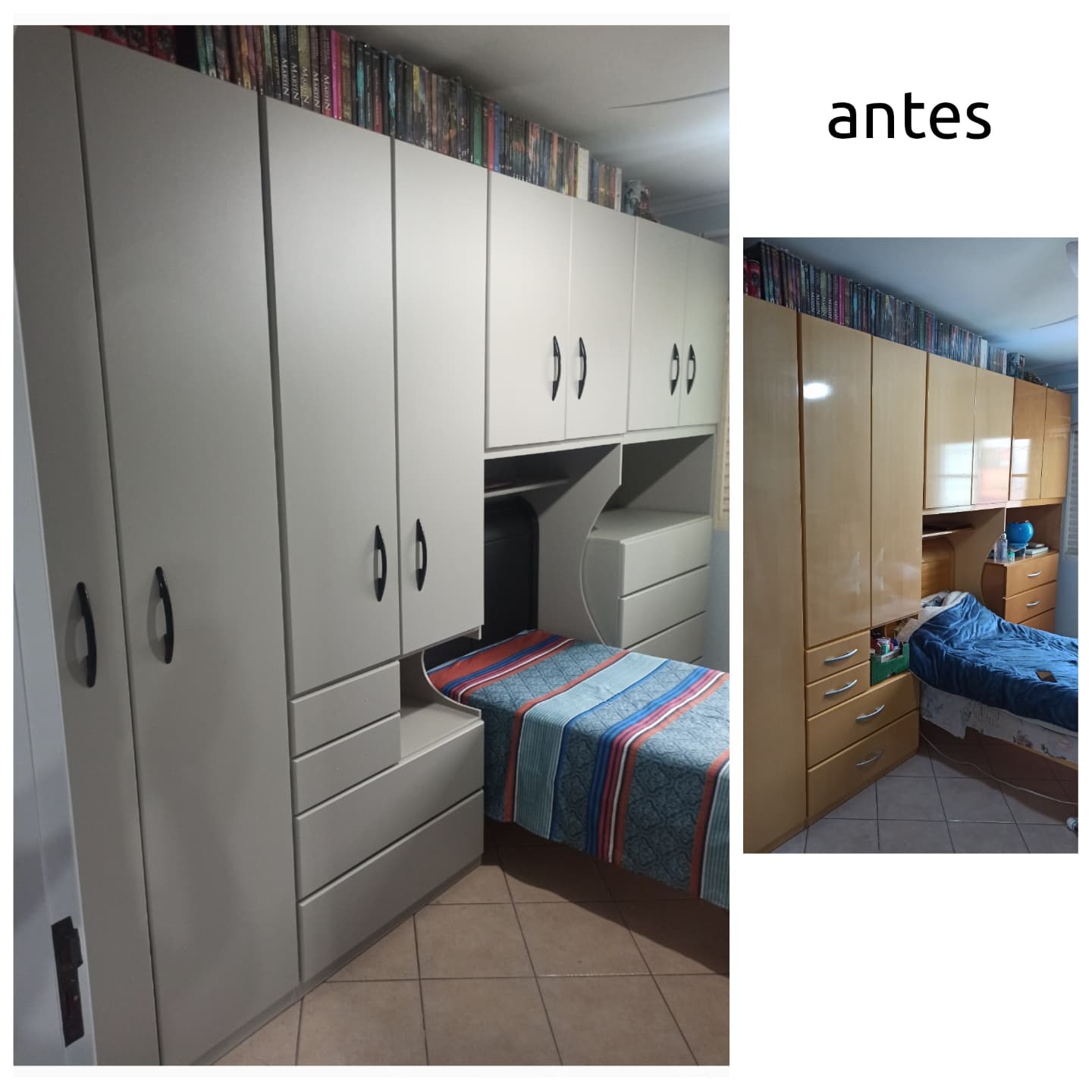 Cinza é a cor do momento!!!<br>Projeto de envelopamento finalizado!<br>Cliente super satisfeita!<br>Resultado final e acabamento de primeira!!<br>Nos armários, material MS Cinza glacial da #imprimax, criado mudo (cinza gold), portas dos armários (cinza gold), laterais (jateado white), geladeira, fogão e depurador (aço escovado inox), portas e rack (jateado white) da #alltak.